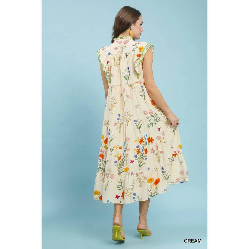 Umgee Floral Ruffle Tiered Midi Dress with Scalloped Detail - Medium - Picture 3 of 7